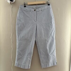 LL Bean Women Striped Seersucker Capri Pants Size 6 Blue Nautical Coastal Preppy